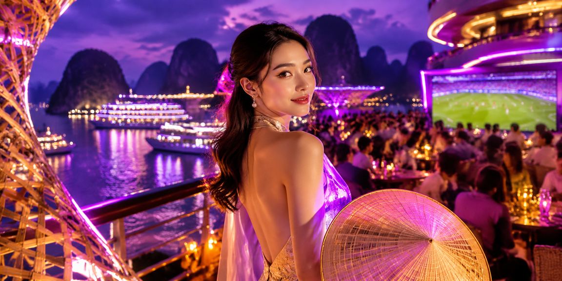 Người dùng xem tỷ lệ kèo cá cược thể thao tại Hạ Long với nón lá truyền thống
